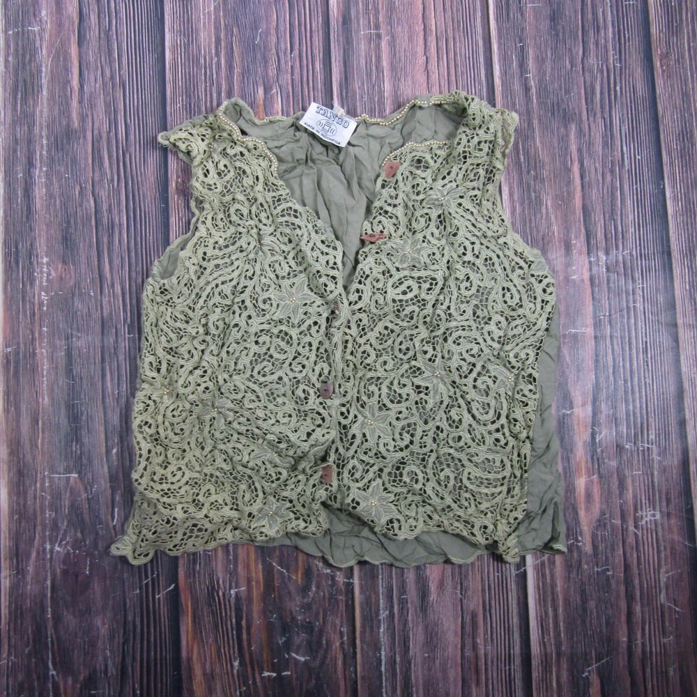 TANGO Vest Womens One Size Green Lace Beaded Button Front Lined Boho Lightweight